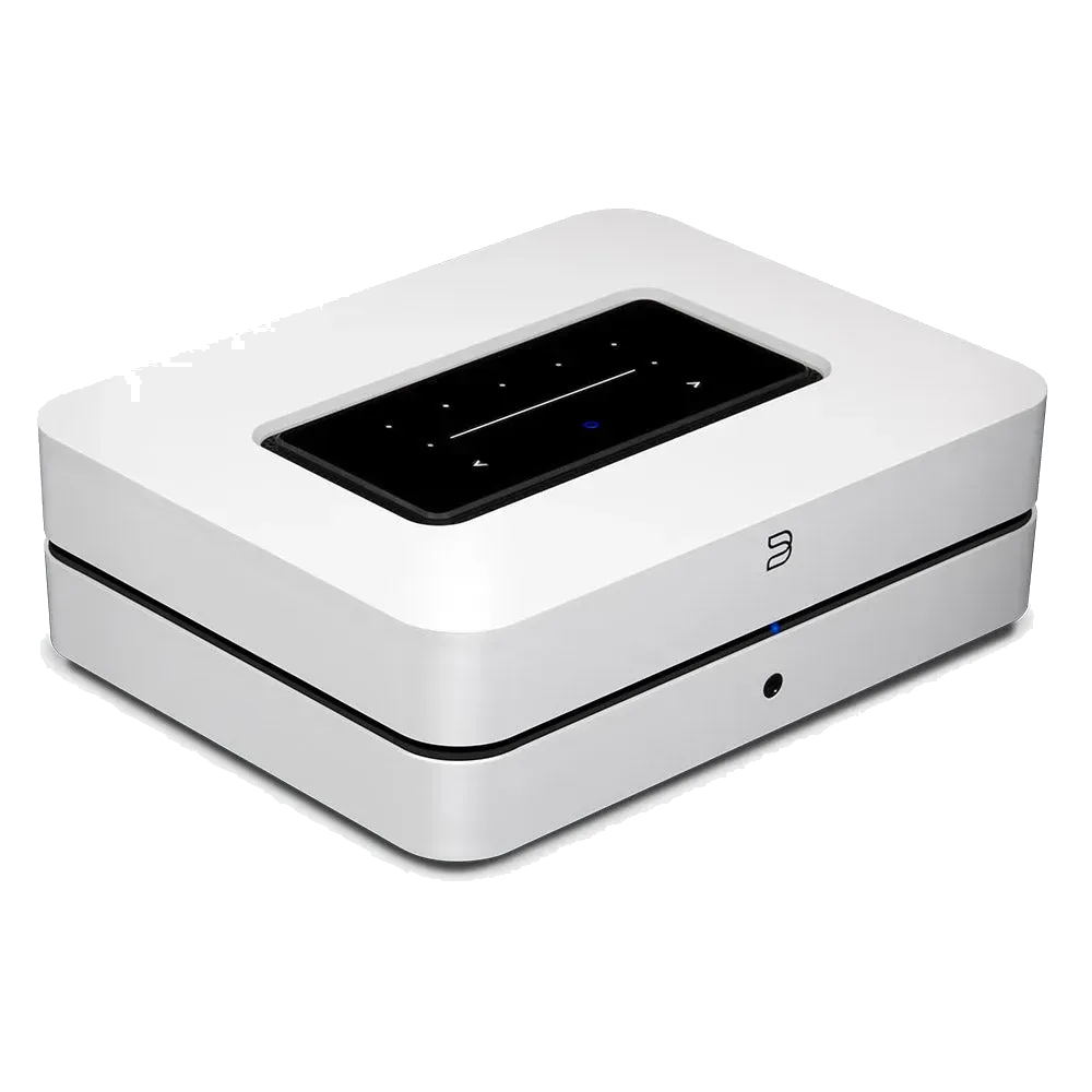 Bluesound POWERNODE, white three-quarter top view at Toma Audio