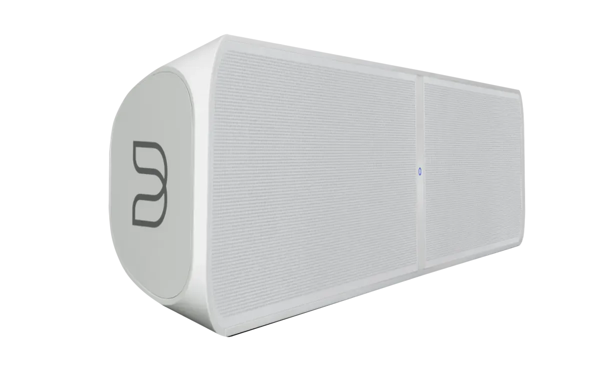 Bluesound PULSE SOUNDBAR+, white three-quarter view at Toma Audio