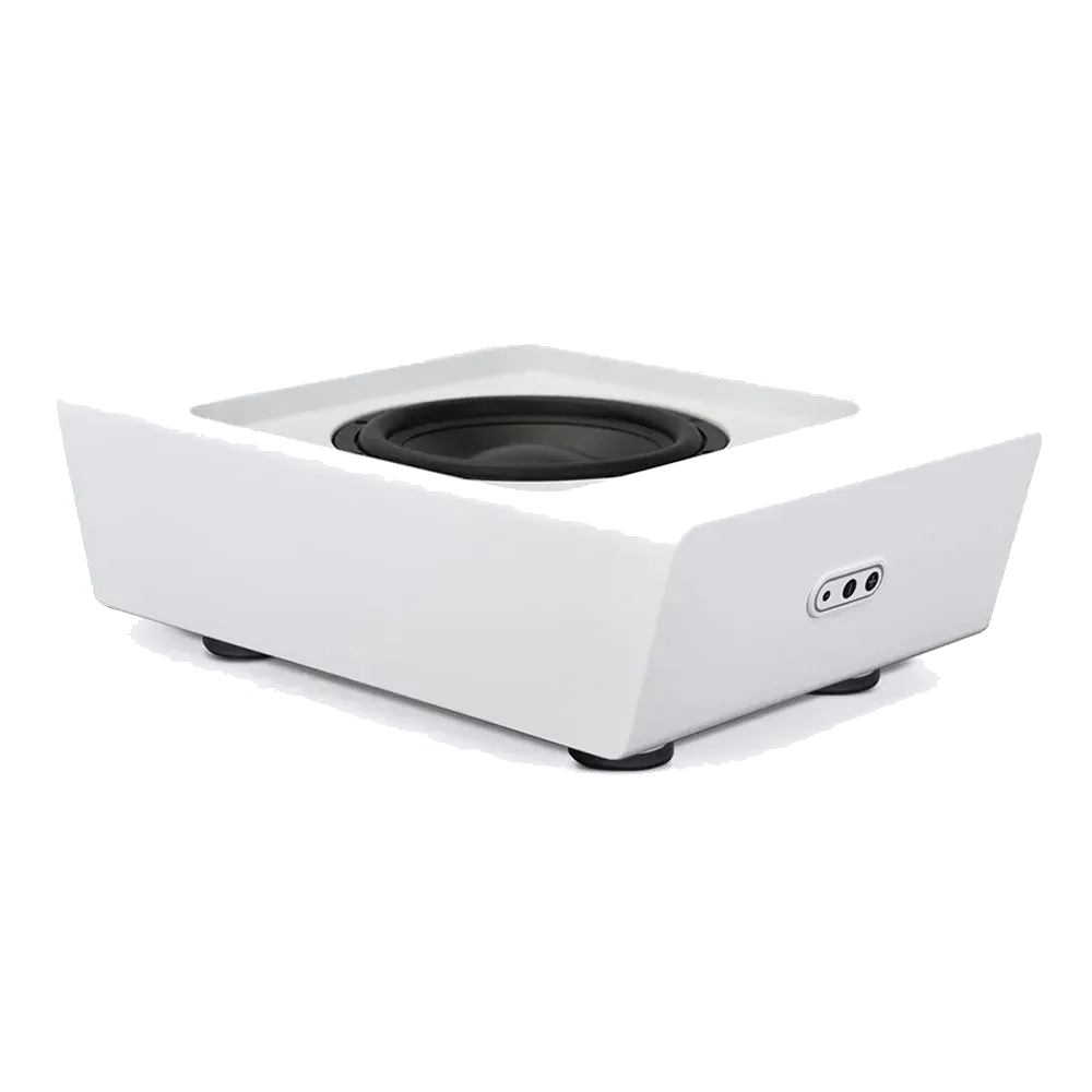 Bluesound PULSE SUB+, white three-quarter view without grille at Toma Audio