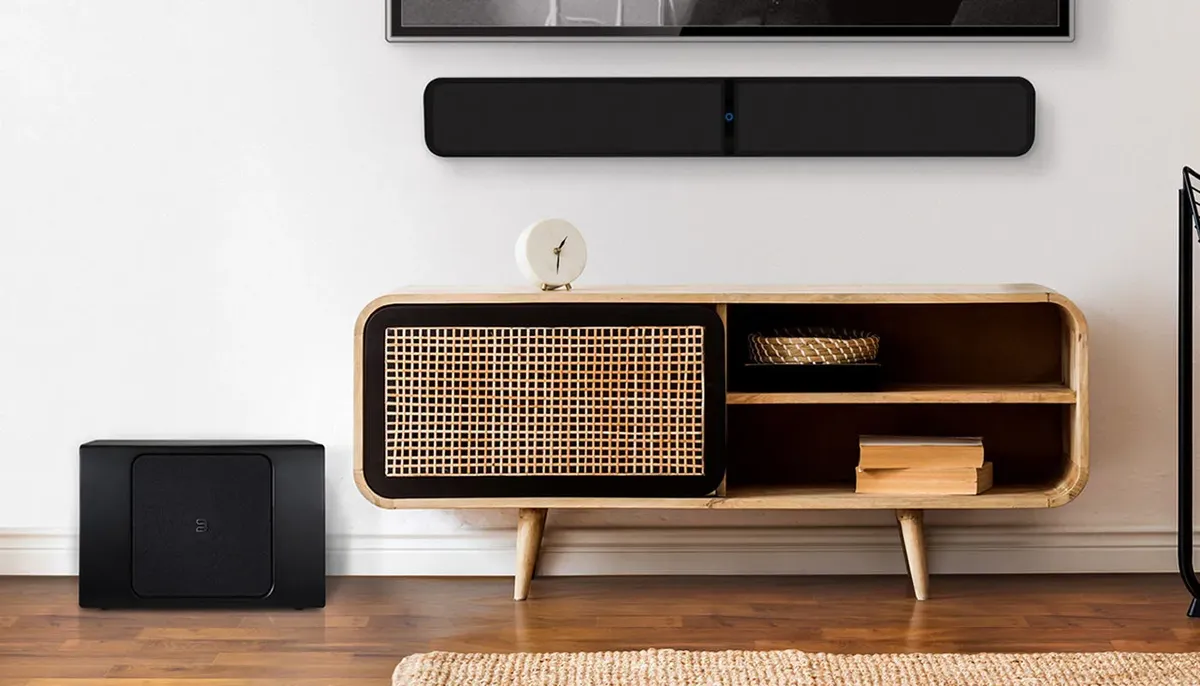 Bluesound PULSE SUB+, with SOUNDBAR 2i at Toma Audio