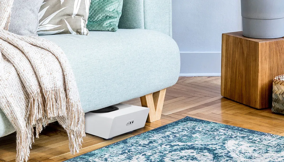 Bluesound PULSE SUB+, under a couch at Toma Audio