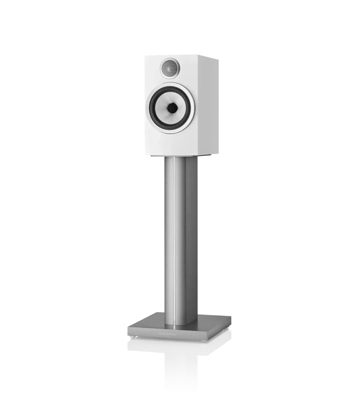 Bowers & Wilkins 706 S3 in Satin White, front on stand view at Toma Audio