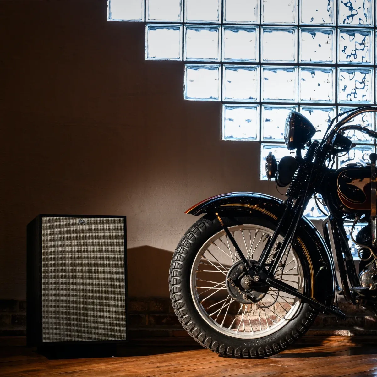Klipsch Heresy IV Heritage - [3-Way Horn 12"], Heresy IV Next To A Motorcycle at Toma Audio