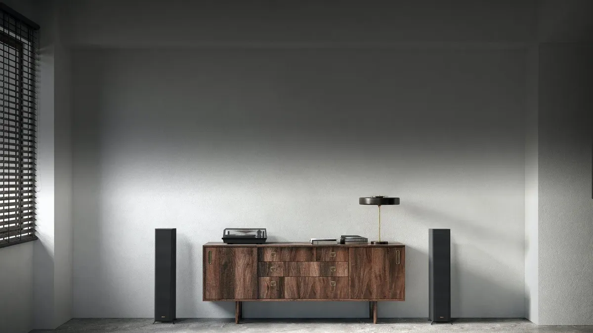 Klipsch RP-5000F II - [2.5-way Horn 5.25"], RP 5000F Speakers Flanking A Nice Wooden Credenza With A Turntable Lamp And Books On It at Toma Audio