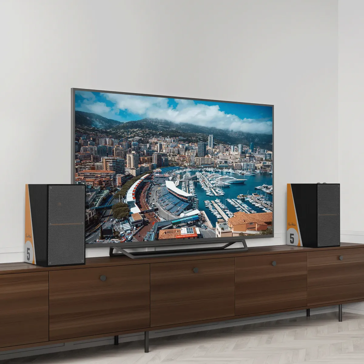 Klipsch The Nines McLaren Edition - [2x120W BT DAC USB-PC Phono HDMI], The Nines McLaren Grilles On Mid Century Modern TV Console at Toma Audio