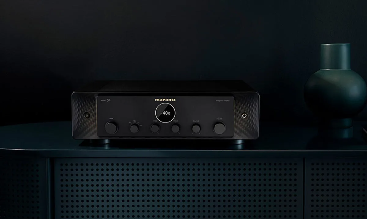 Marantz Model 30 integrated amplifier in black, three-quarter view, at Toma Audio