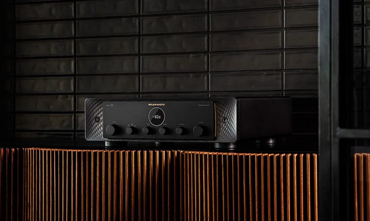 Marantz Model 30 integrated amplifier in black, side detail, at Toma Audio
